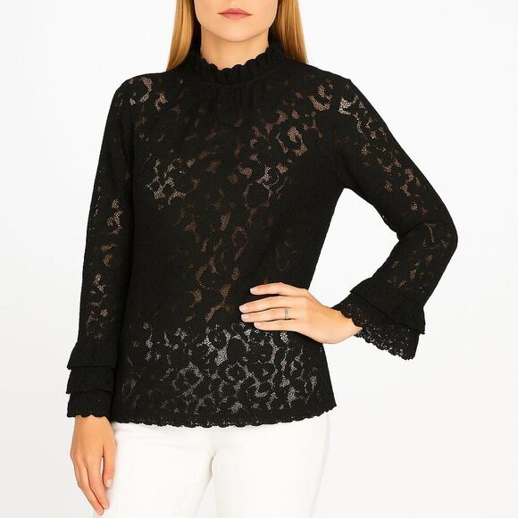 ZARA X-Small Sheer Black Lace Blouse Pullover Bell Sleeves 3 Tiered Lace Cuff - Picture 1 of 14